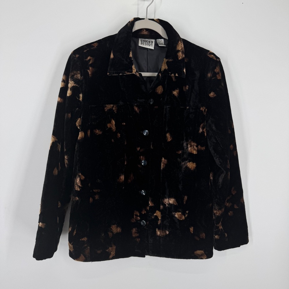 Chico's Design 0 Small Black Velvet Button Jacket Burnout Floral Embroidery